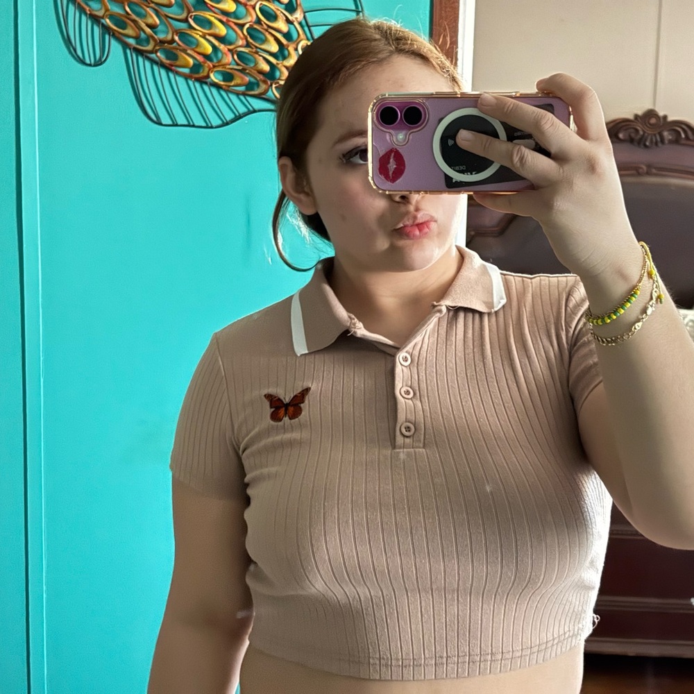 Butterfly Embroidered Ribbed Crop Top in Tan